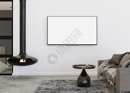 LED 电视与空白的白色屏幕 挂在家里的墙上 电视模拟 复制广告 电影 应用程序演示的空间 空电视屏幕准备好您的设计 现代内饰 背景图片