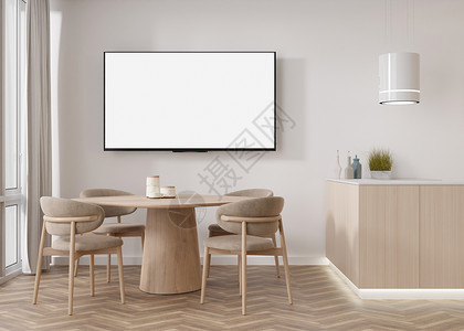 LED 电视与空白的白色屏幕 挂在家里的墙上 电视模拟 复制广告 电影 应用程序演示的空间 空电视屏幕准备好您的设计 现代内饰 背景图片