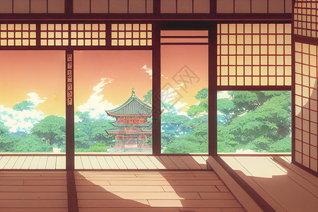 五险一金漫画幻想的日本圣殿和窗子在门外看着俄罗斯 3D变成动画风格的壁纸背景寺庙历史旅行建筑学雕塑樱花遗产精神渲染背景