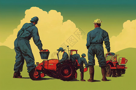 农民海报农业技术员 Cartoon插图拖拉机国家季节植物技术农田栽培机械阳光环境背景