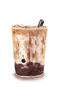 手绘冰茶水泡泡茶饮料 有木薯珍珠 白上孤立的水彩画插图冰块手绘果汁咖啡广告乳白色牛奶奶茶食物奶油背景