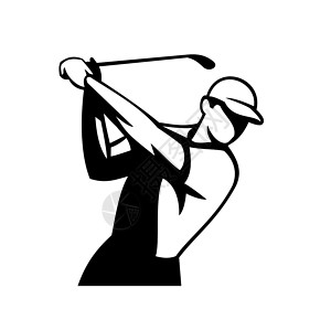 Golfer 挥舞高尔夫高尔夫俱乐部前视界马斯科特黑白Retro背景图片