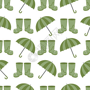 无缝秋天模式 配有绿色橡胶靴和雨雨雨雨伞 以平式方式与白色背景隔绝鞋高清图片素材