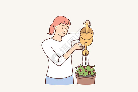 锅中加水取水的微笑妇女卡通片绿色植物工作土壤闲暇插图农业温室绘画植物群插画