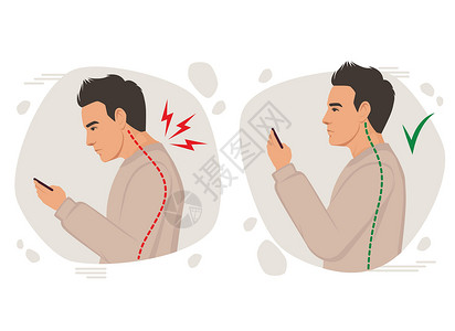 正确写字姿势姿势人矢量图 使用手机的头部角度不正确 姿势不良 背痛 肩痛 脊柱曲率 使用智能手机平面卡通风格的姿势不正确脖子曲线肩膀解剖学卡设计图片