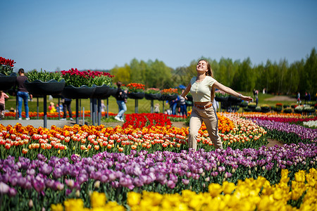 穿白色裙子的女孩跑在郁金香中间 田里有黄色和红色的郁金香农业乐趣花园种植花店植物群阳光喜悦孩子场地背景图片