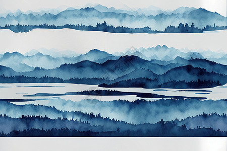 线性山无缝水彩色线性图案 边界 蓝山地貌 a背景