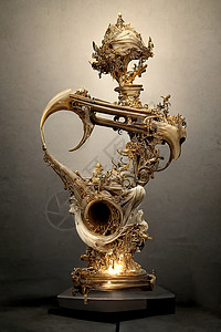 乐器套图巴洛克喇叭雕塑图片 复杂细节 3D造金属3d黄铜工作室音乐家喉舌号角螺栓管道螺母背景