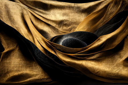 现代最起码的成分 配有金黑丝织物黄金黑丝织物金子极简奢华飞行漂浮褶皱布料戒指框架窗帘背景图片