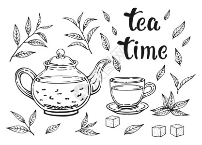 时间茶具在白色背景隔绝的茶具 叶子 茶壶和杯子 大纲样式中的手绘矢量插图插画