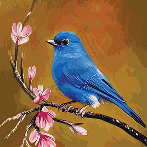 又名蓝冠山雀鸟儿坐落樱花枝 夜丁格尔树有叶子 鸟儿的矢量插图很美 日本人纺织品卡片情调元素动物山雀艺术植物学设计打印插画