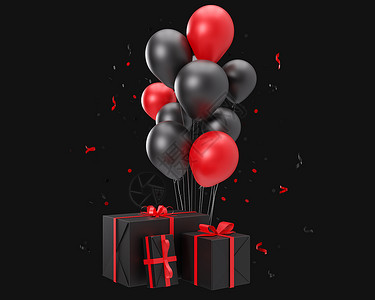 黑色气球素材红色和黑色的气球和孤立在黑色背景上的礼物 黑色星期五 生日 庆祝活动 活动卡元素 剪下 现代设计 3d 渲染背景