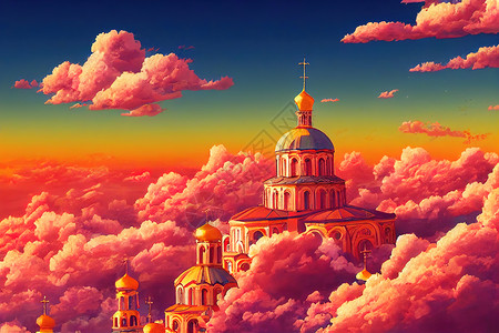 计时1天Anime风格 保加利亚索菲亚首都苏非亚市中心圣亚历山大内夫斯基大教堂与多彩云的蓝晨天空对抗 动漫风格U1背景