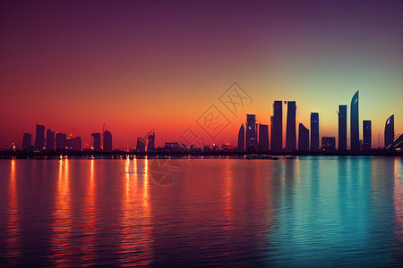 在首都卡塔尔多哈的多哈湾沿岸河边 动漫风格U1 上的传统单桅帆船背景图片