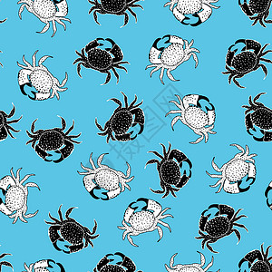 白葚蟹守螺蓝底背景的黑蟹和白螃蟹无缝矢量模式插画