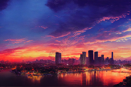 卡通画湄南河的美丽景色与现代高层建筑在晚上的时间是等待日落的好时机背景