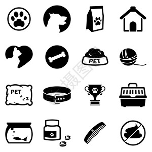 宠物店图标设计一组关于主题宠物 矢量 设计 收藏 平面 标志 符号 元素 对象 插图的简单图标 孤立在白色背景上的黑色图标插画
