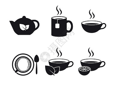 茶矢量图标一组黑色矢量图标 以白色背景隔离 主题茶上的平面图示插画