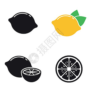 水果黑色背景一组黑色矢量图标 以白色背景隔离 在主题柠檬上的平面插图插画