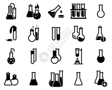 化学制药一组简单的图标 主题为烧瓶 实验室 实验 矢量 设计 收藏 平面 标志 符号 元素 对象 插图 孤立在白色背景上的黑色图标插画