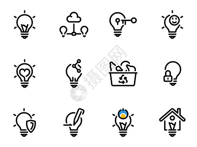 黑色矢量图标集 隔离在白色背景下 主题插图 智能灯泡是智能家居的一部分背景图片