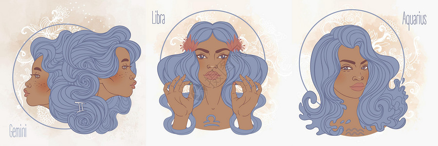女子十二乐坊Aquarius Gemini和Libra占星标志 是一个美丽的黑人女子 未来 传说 星座 (笑声)插画