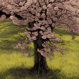 特色草底纹现实的萨库拉树 高雅的日本特色 有粉红色花瓣在绿色草原上的鲜花植物 亚洲人卡片晴天季节果园野花天堂植物学模仿花园水果插画