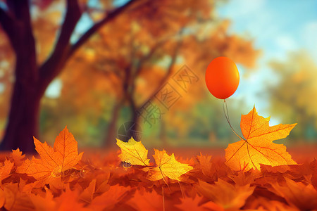 树叶中的气球含橙叶气球2d的秋季背景背景