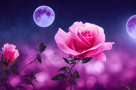 空中玫瑰粉红玫瑰花 在美妙的夜晚神秘花园中背景