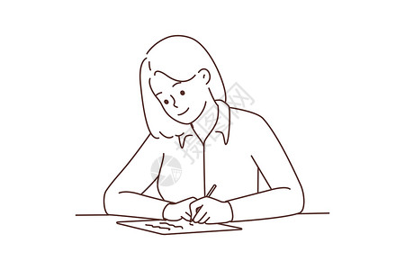 手写日记微笑的女人坐在书写桌上学习者办公室公司工作女孩日记商务女性笔记卡通片设计图片