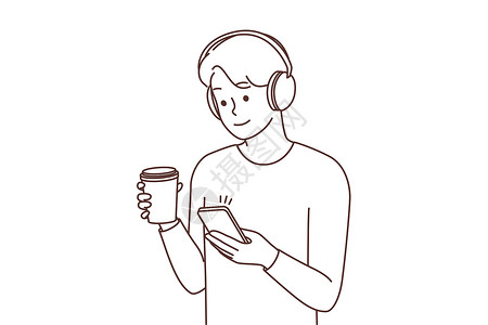 纸杯电话在智能手机上发短信的男用耳机插图音乐耳机卡通片成人电话细胞咖啡互联网男性插画