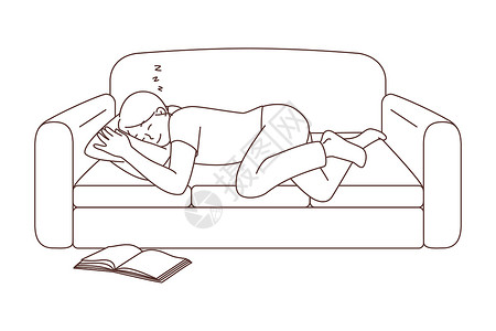 年轻女性在沙发上小憩睡在沙发上的年轻女人梦想家阅读插图女孩枕头读者卡通片小憩女性休息插画