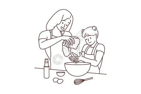 母亲牵着女儿快乐的母亲和女儿一起做饭厨房卡通片烹饪父母妈妈家务绘画桌子班级盘子设计图片