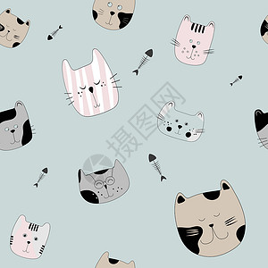 呼噜声Kitty 猫型宠物爪子织物插图尾巴猫咪墙纸纺织品哺乳动物绘画插画