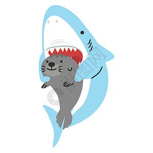 受伤海豹素材与海狮一起张开嘴的可爱鲨鱼插画