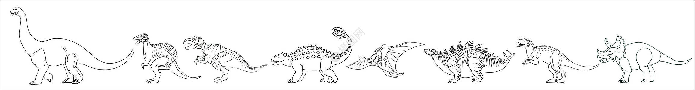 雷龙 无齿翼龙 三角龙 霸王龙 棘龙 剑龙 甲龙 异特龙 一组黑白相间的恐龙排成一排插画