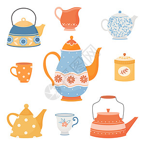 卡通手绘花壶以简单的卡通风格制作的彩色茶壶和杯子厨具英语早餐收藏餐具插图制品用具厨房时间背景