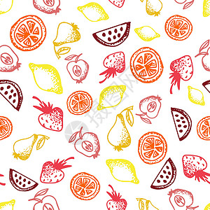 爱媛橘子食物手工绘制的草图线图标在白色背景上的无缝模式设计图片
