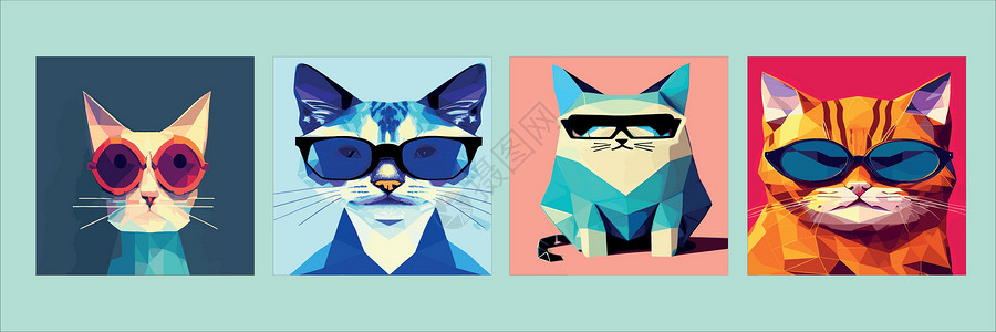 带眼镜猫素材一套方形海报 手画一只猫在带有太阳镜的几何多边形上的肖像 矢量孤立元素标识眼镜宠物打印艺术青少年草图动物女孩绘画设计图片