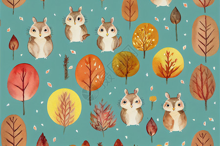 松鼠草莓刺猬树小兔子 松鼠 刺绣猪 秋天森林里的猫头鹰背景