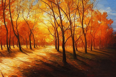 油画在帆布上 秋天风景 现代印象主义高清图片