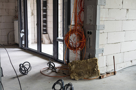 吹分机建筑工地的电线线路工程 有线分机蓝色接线网络电缆天花板布线渠道构图技术活力背景