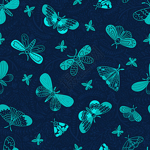 手绘蝴蝶群夜飞蛾 没有缝合的面纱风格 夜蝴蝶 叶子和花朵 在深蓝色背景上背景
