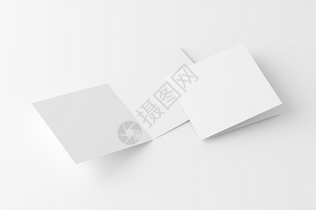 纸罐样机带有信封白色三维条框的方形折叠邀请卡文件夹文档样机渲染对折商业推介会小册子卡片打印背景