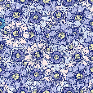 花田图案 花电图案 60年代的嬉皮图案雏菊柜台艺术花头力量手绘矢量涂鸦打印背景图片