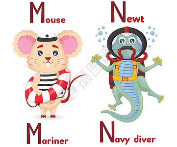 快闪开头拉丁字母 ABC 动物行业以卡通风格的字母 m 鼠标水手和字母 n 纽特海军潜水员开头设计图片