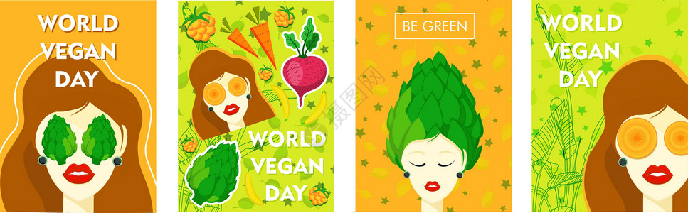 素食主义海报纯素海报的平面矢量插图与一个开朗的女人为世界纯素日 社交媒体帖子 明信片 横幅 贺卡的世界素食日卡片制品刻字饮食食物卡通片绿色生插画