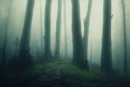 进入深森林 大气风景与拱门和蓝色木头治疗魔法椴木橡树太阳光线阴影情绪旅行背景