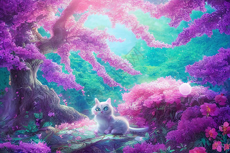 魔法猫幻想的日本小猫咪 有鲜花和美丽魔法蜗牛空地动物树木艺术林地蝴蝶想像力树林背景