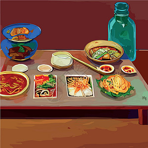东亚桌子亚洲食物刻在桌子上 面盘放在风景最顶端 食品菜单设计配熟面条矢量绘画家庭海报牛肉横幅盘子午餐美食沙拉茶壶插画